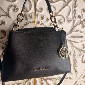 Michael Kors Sofia Small Satchel Black Saffiano Leather Gold Chain Shoulder Bag